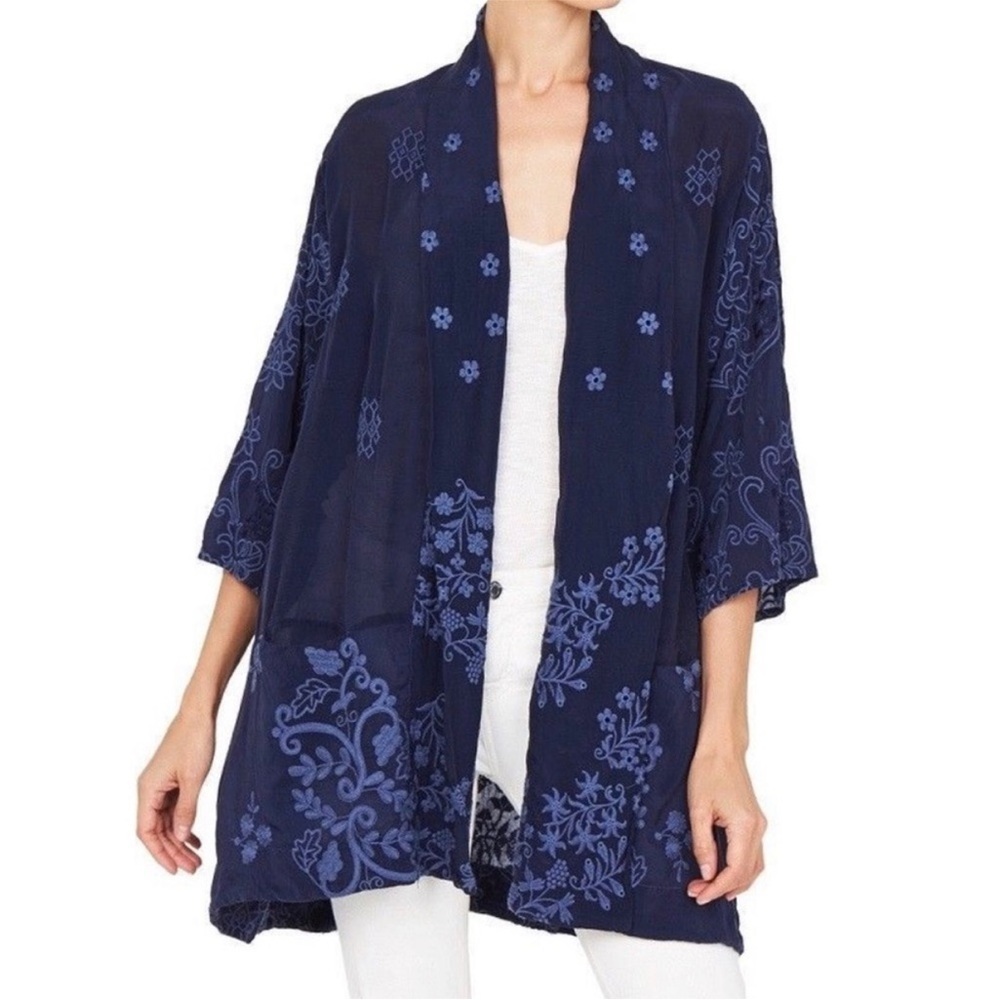 Johnny Was Embroidered Motley Embroidered Kimono Cardigan Navy Tonal Boho Jacket - Picture 2 of 9